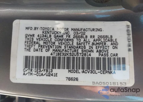 2002 Toyota Camry Le/Xle/Se from USA, damaged, VIN 4T1BE32K52U572814